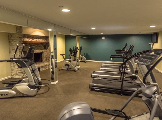 a gym with exercise equipment and a fireplace