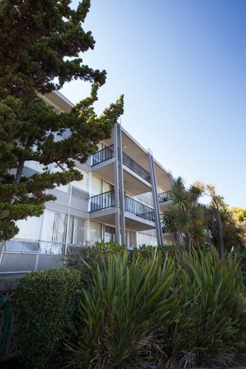 a view of the building from the beach