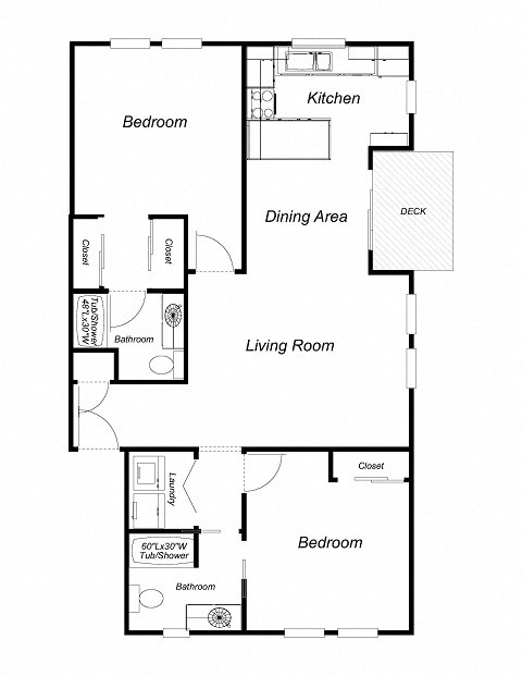 2 Bedroom floor plan for Acorn Apartments