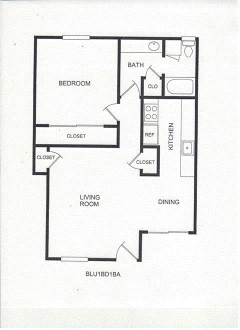 1 Bedroom floor plan for Blue Hills West Apartments