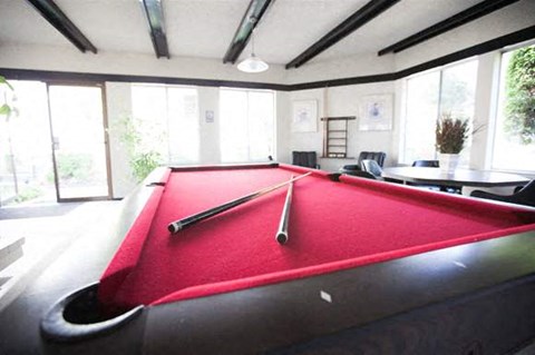 a red pool table in a living room