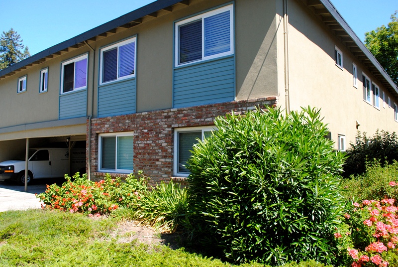 the front of a house with bushes in front of it