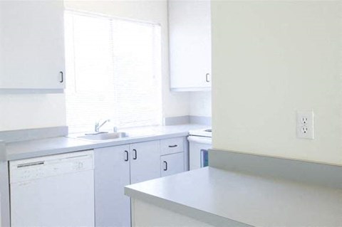 a white kitchen with white cabinets and a sink