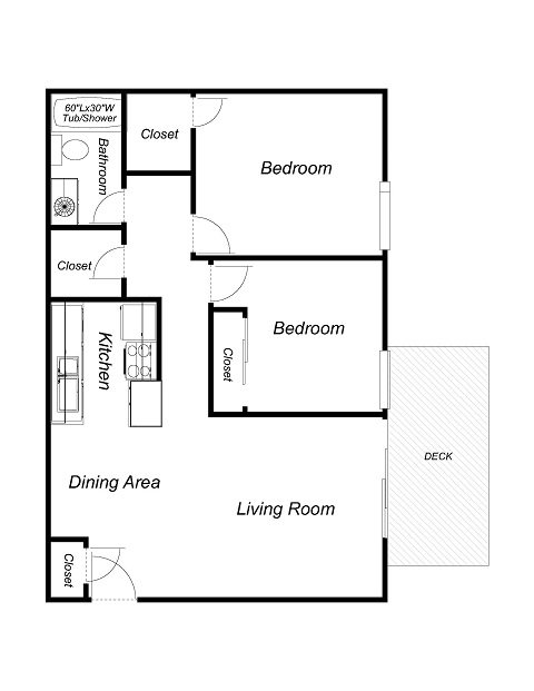 2 Bedrooms, 1 Bathroom Floor Plan 2