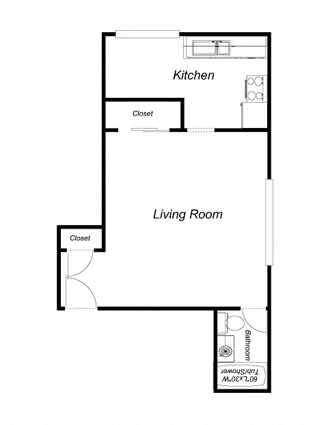 1 Bedroom floor plan for 1801 Park Ave