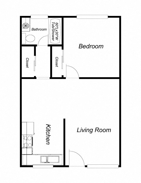 1 Bedroom floor plan for 1801 Park Ave