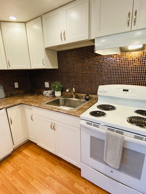 a white kitchen with a stove and a sink