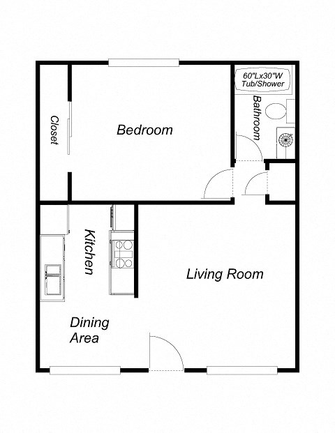 1 Bedroom floor plan for Villa Alameda Apartments