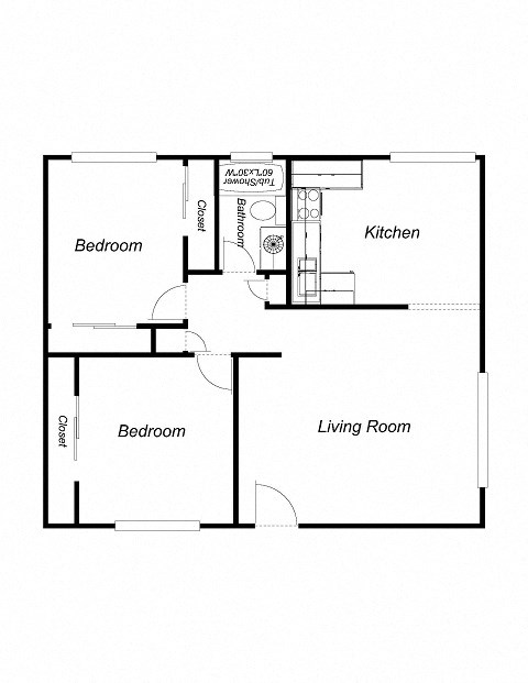 2 Bedroom floor plan for Villa Alameda Apartments