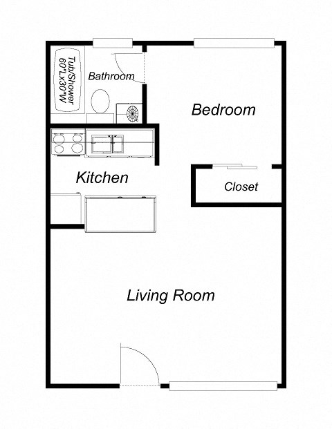 1 Bedroom floor plan for Villa Alameda Apartments