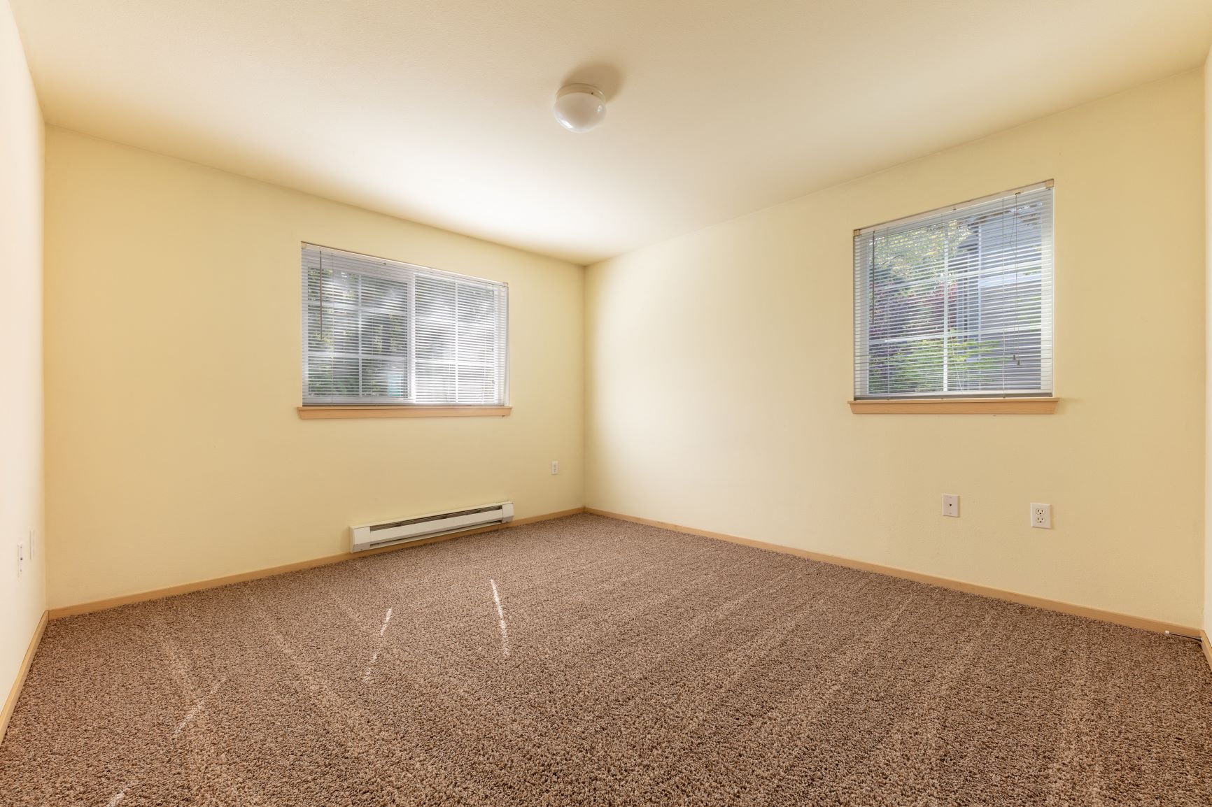 an empty room with carpet and two windows