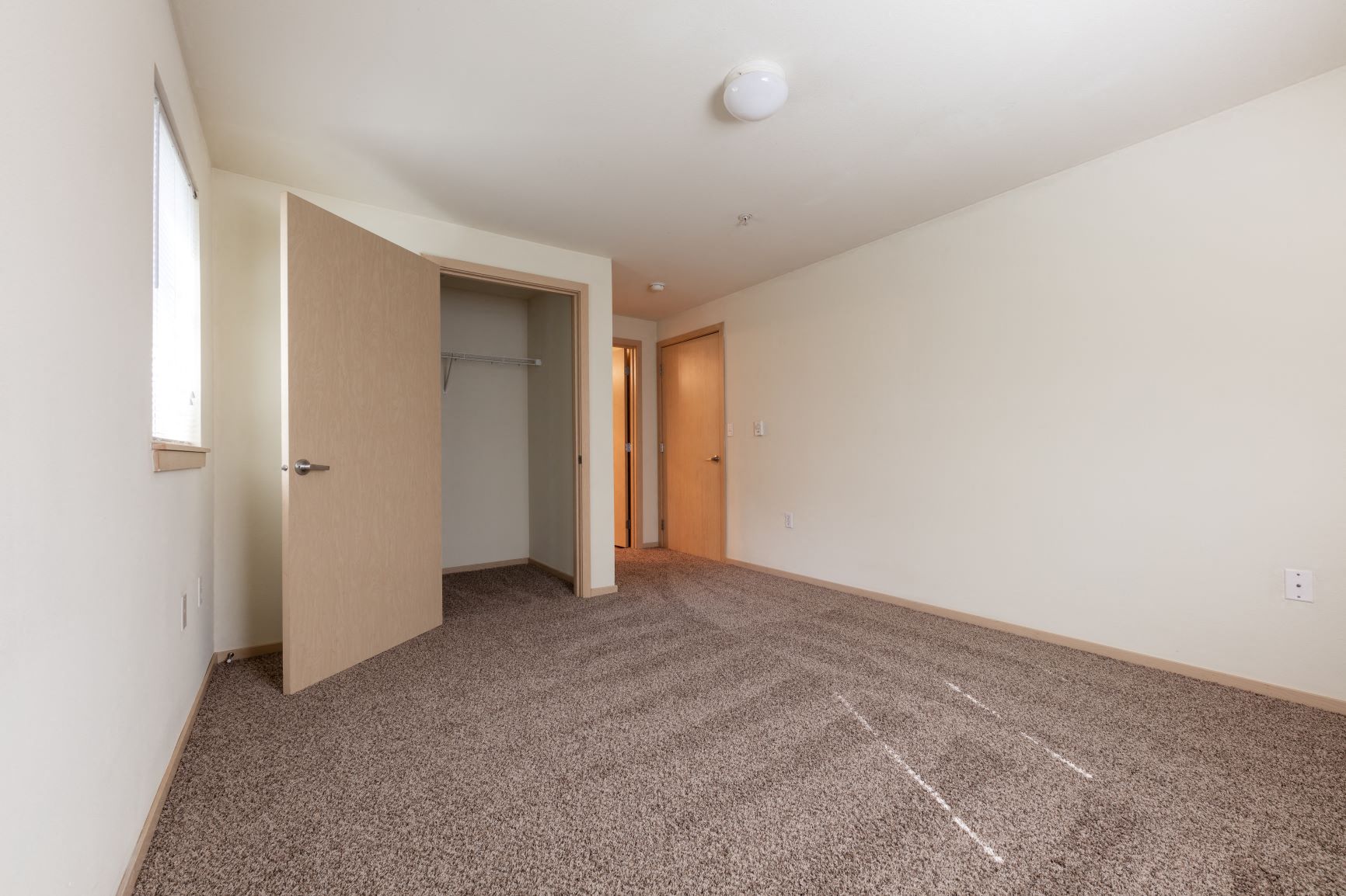 a living room with carpet and a door to a closet