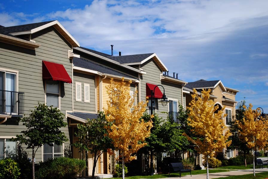 a row of houses with trees in front of them