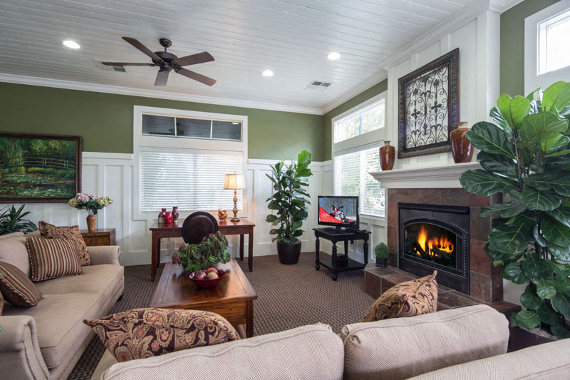 a living room with a fireplace and a couch