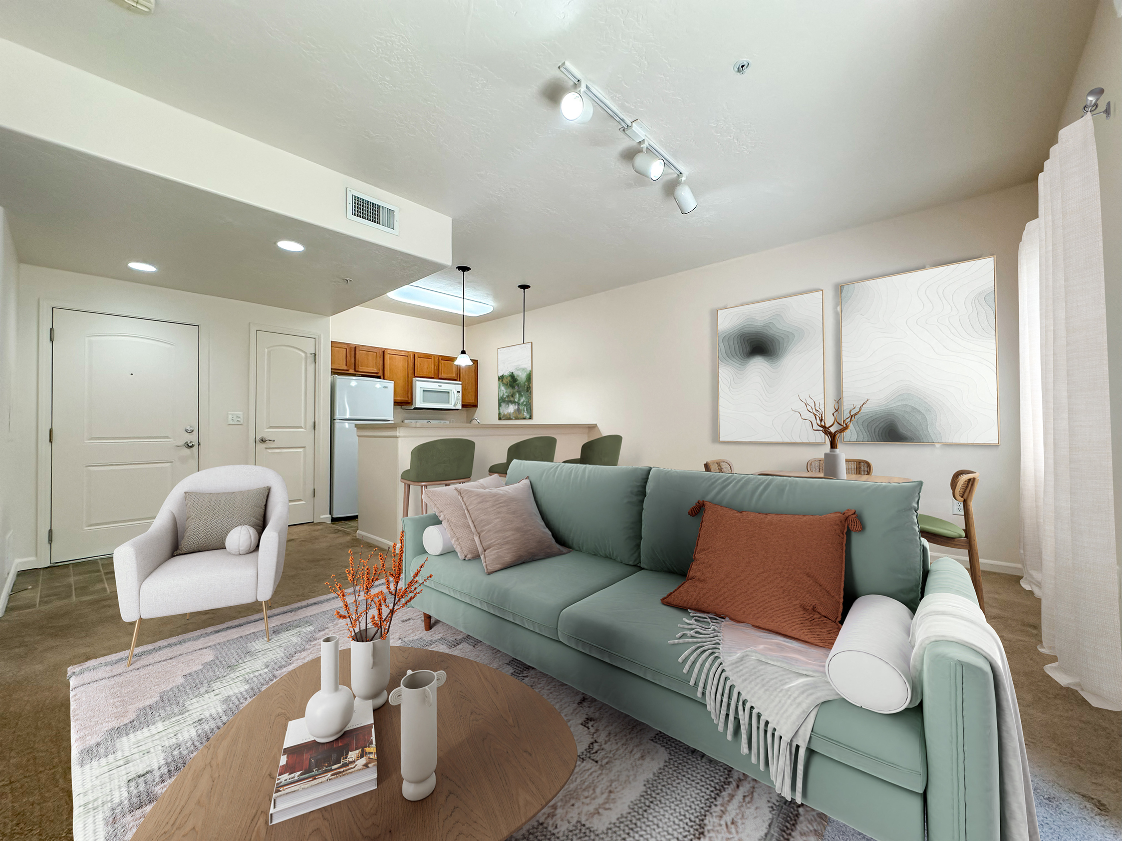 a living room with a couch and a coffee table