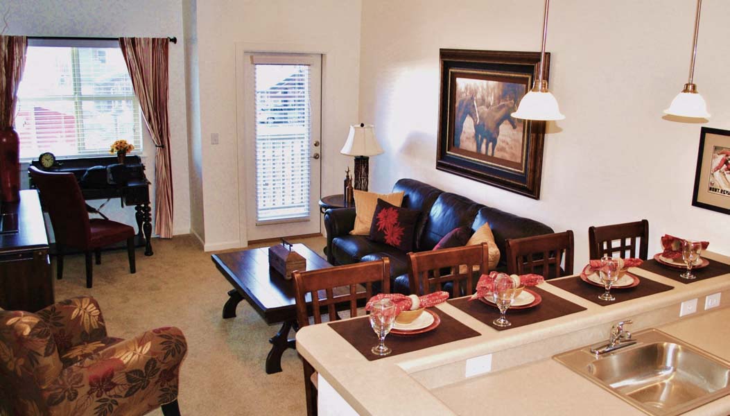 a living room with a couch and a table