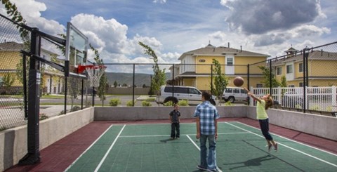 a group of people playing basketball on a court