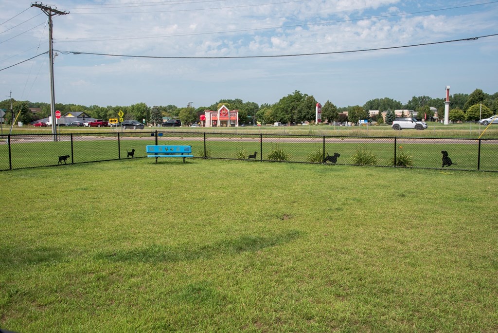 a park with a blue bench in front of a fence