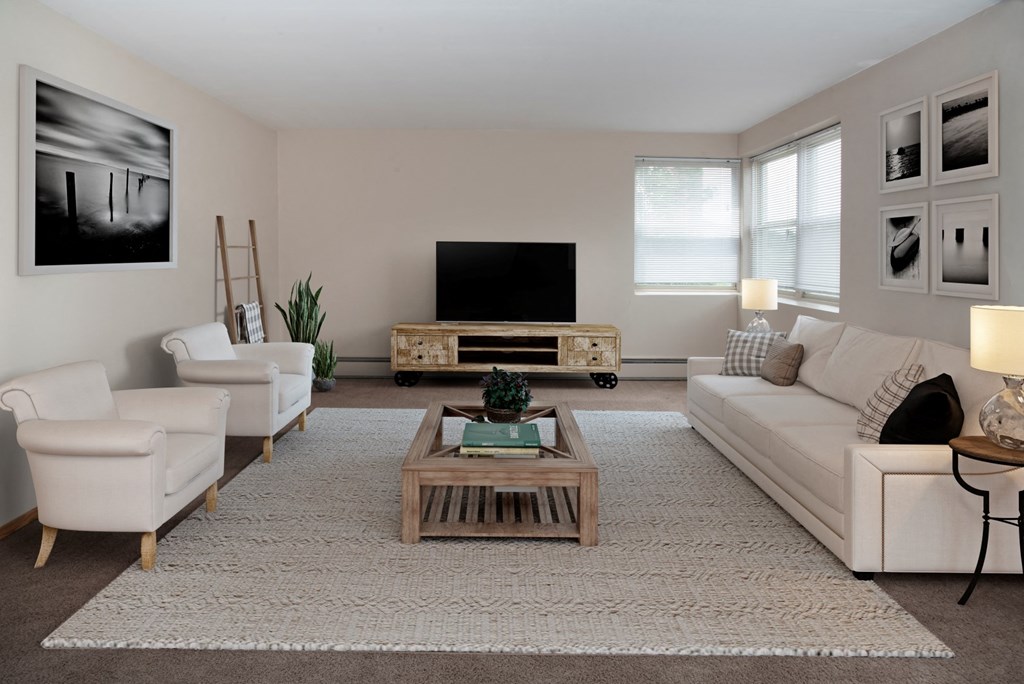 a living room with a couch and a coffee table and a television