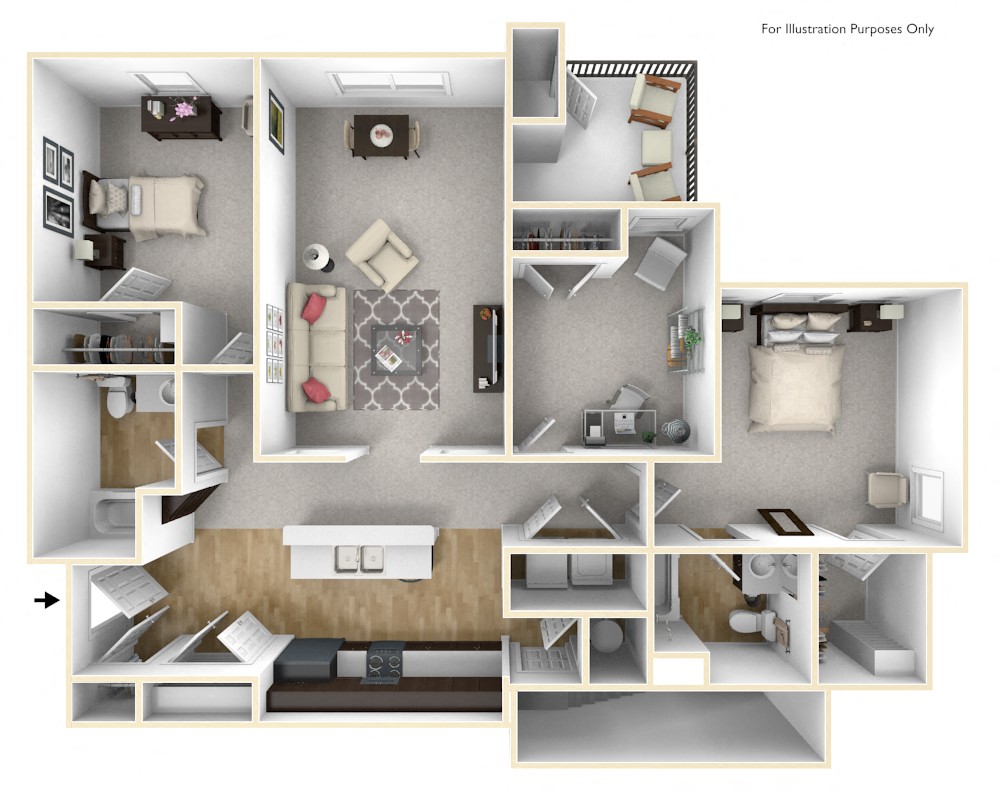 A 3D view of a 3 bedroom floor plan