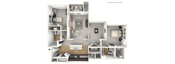 A 3D view of a 2 bedroom floor plan