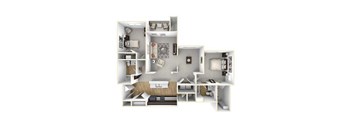 A 3D view of a 2 bedroom floor plan