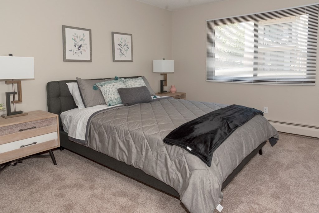 a bedroom with a bed and a dresser and a window