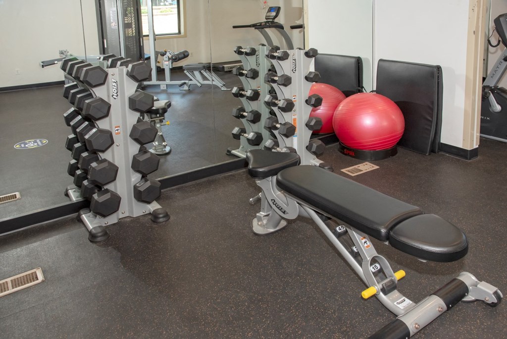 a gym with weights and a red ball on the floor