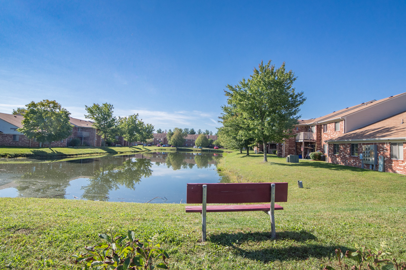 bench next to pond in apartment community 