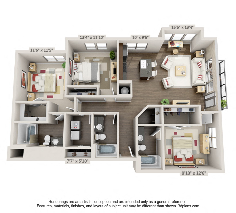 3 Bed 3 Bath Indigo Floor Plan at CityWay, Indianapolis, IN, 46204