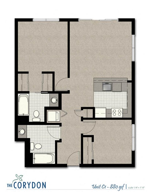 Two Bedroom C1 FloorPlan at The Corydon, Seattle, 98105