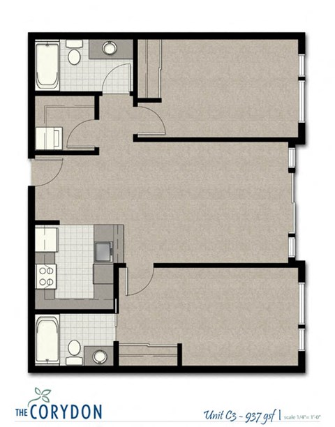 Two Bedroom C3 FloorPlan at The Corydon, Washington, 98105