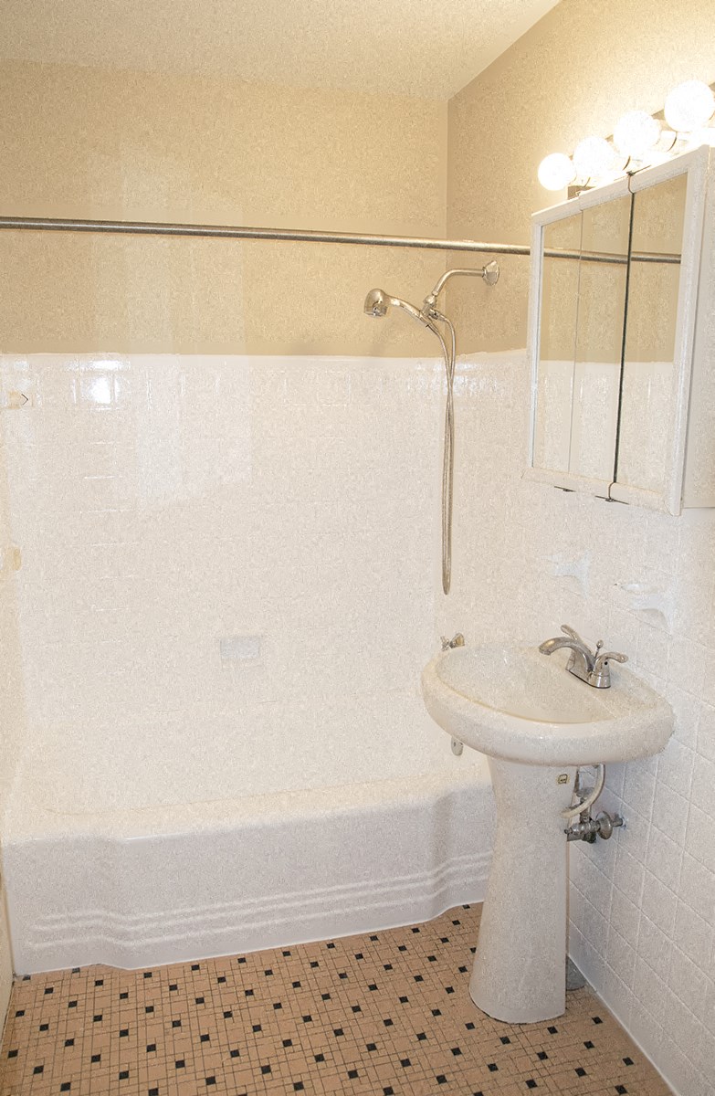 a bathroom with a sink and a shower and a mirror