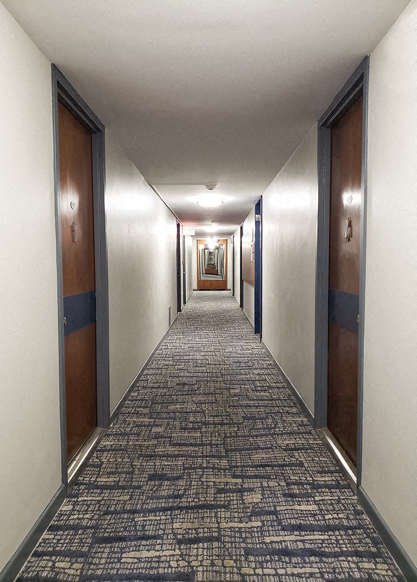 a hallway with a carpeted floor and doors in a building