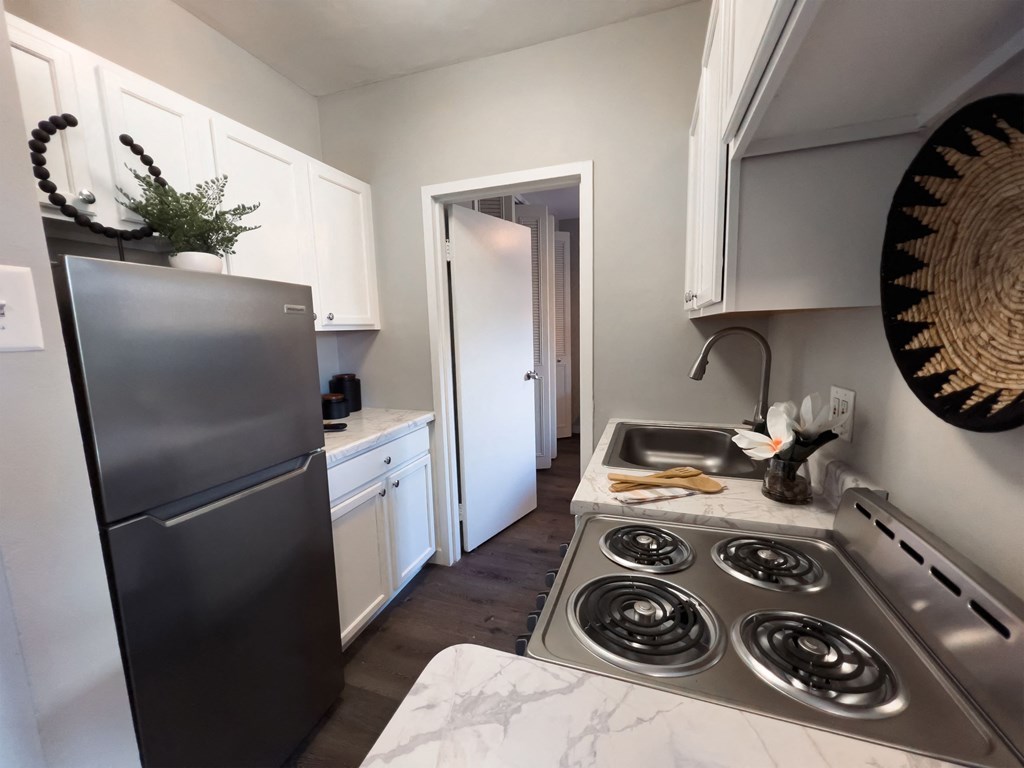 a kitchen with a stove and a refrigerator and a sink
