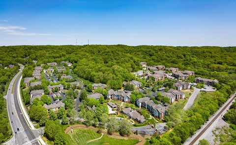 an aerial view of a neighborhood with houses and trees