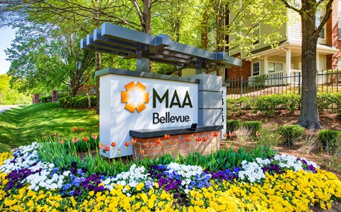 the sign believe in front of a garden of flowers