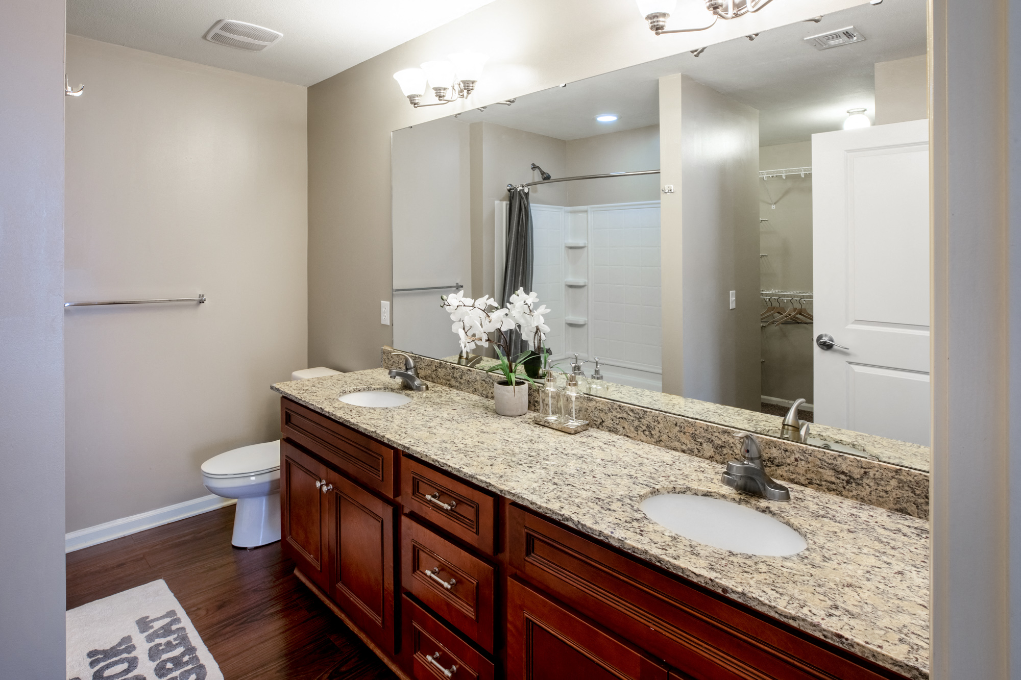 a bathroom with a large mirror and two sinks