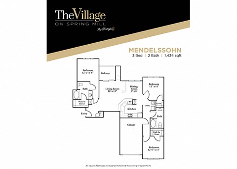 3 bedroom 2 bathroom Mendelssohn FloorPlan, 1434 Sq. Ft. at The Village on Spring Mill, Carmel, Indiana