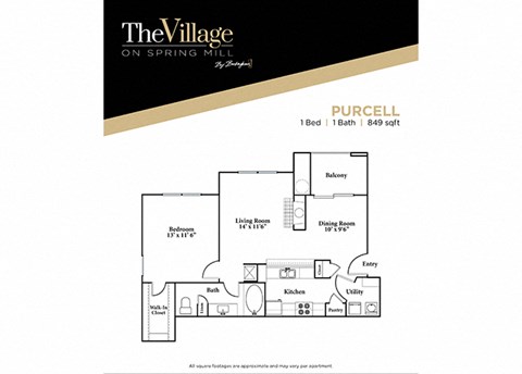 1 bedroom 1 bathroom Purcell FloorPlan, 849 Sq. Ft. at The Village on Spring Mill, Carmel, IN