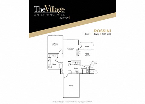 1 bedroom 1 bathroom  Rossini FloorPlan, 953 Sq. Ft. at The Village on Spring Mill, Carmel, Indiana