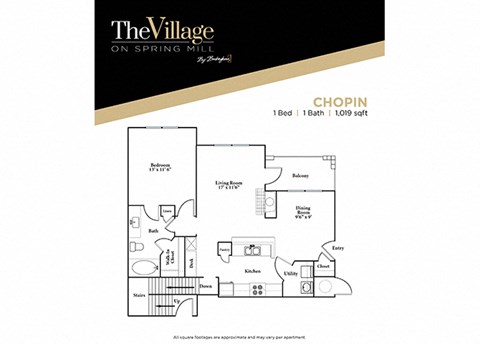 1 bedroom 1 bathroom  Chopin FloorPlan, 1019 Sq. Ft. at The Village on Spring Mill, Indiana