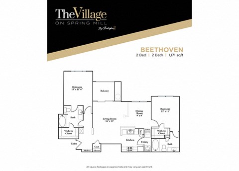 2 bedroom 2 bathroom floor plan at The Village on Spring Mill, Indiana, 46032