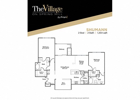 2 bedroom 2 bathroom Schumann FloorPlan, 1254 Sq. Ft. at The Village on Spring Mill, Indiana, 46032