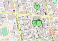 a map of a city with green hearts on it