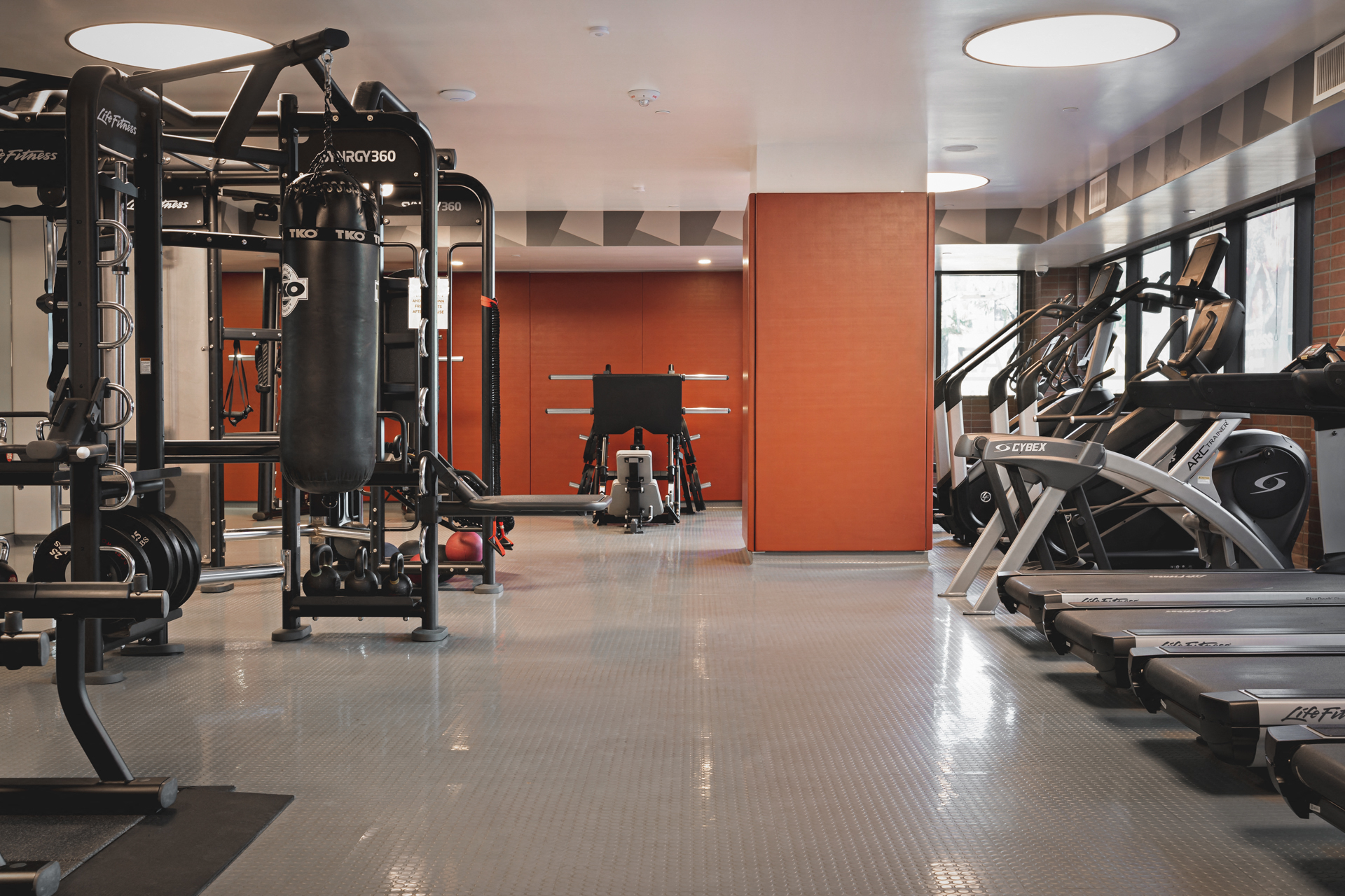 a gym with cardio equipment and weights on the floor