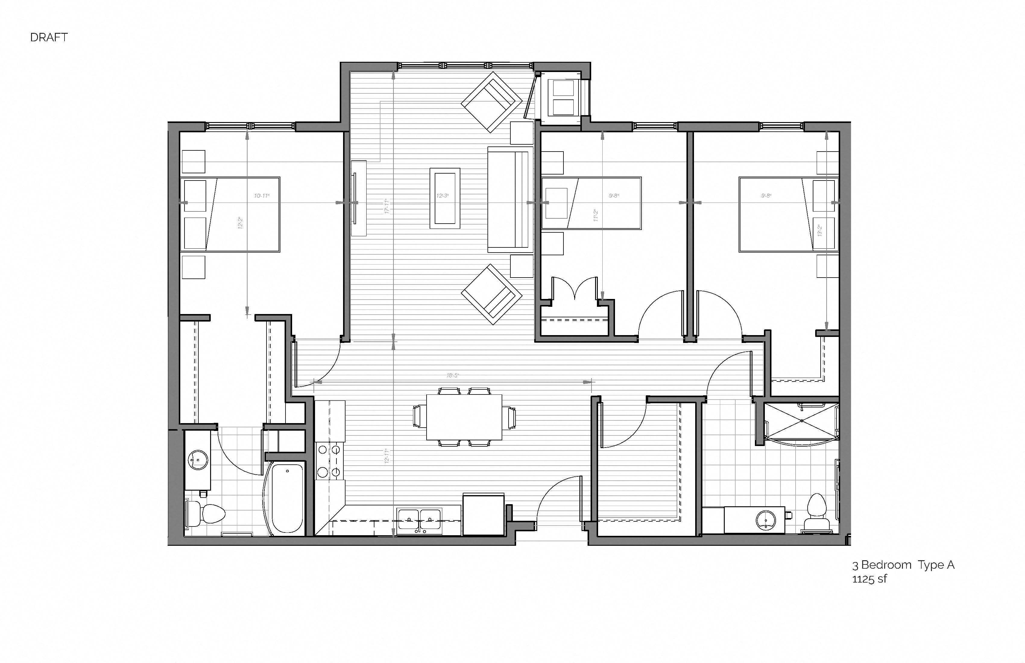 Floorplan 3BR A 1125sqft