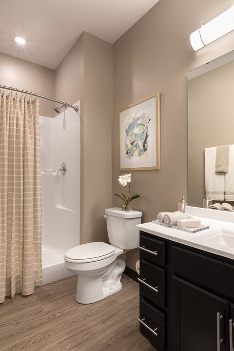 bath with dark vanity and white top at Thirteen01 at Hartman Lakes, Shiloh, IL, 62269