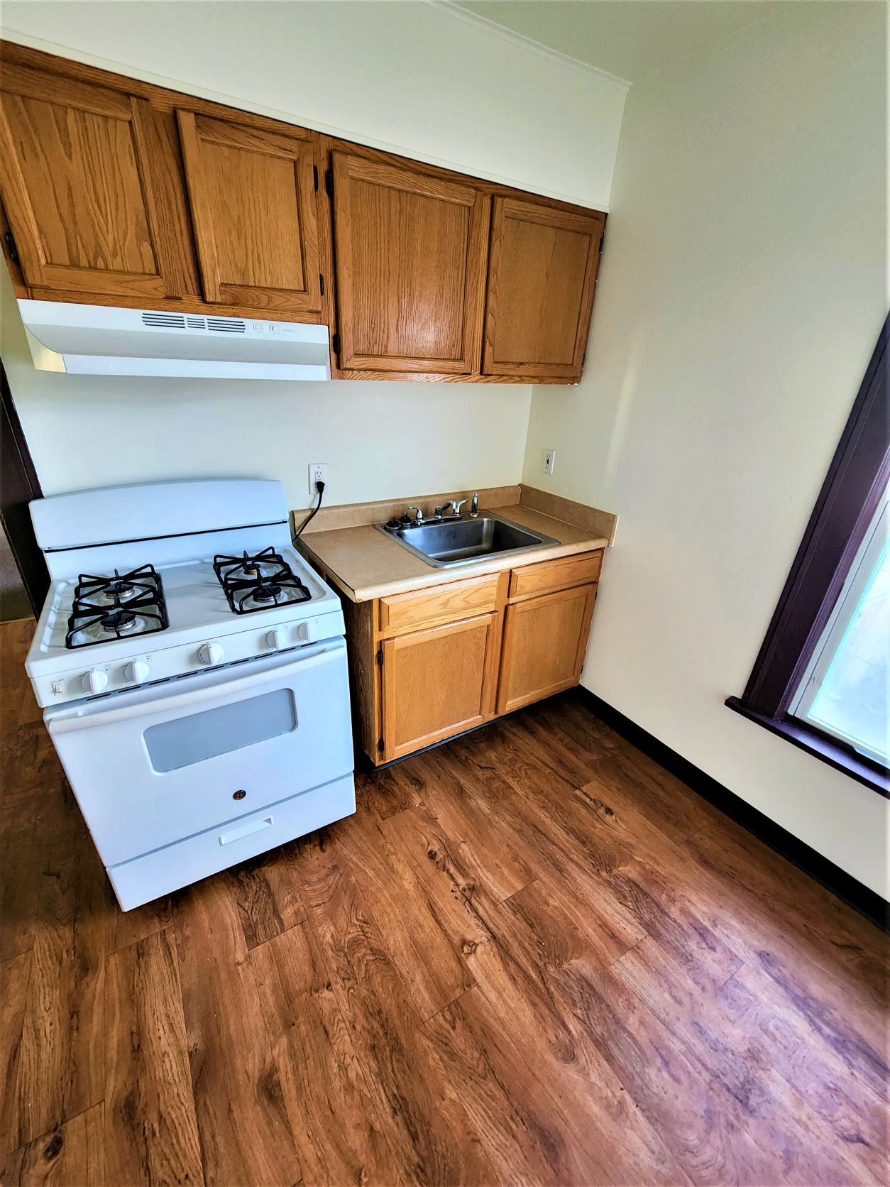 an empty kitchen with a stove and a sink