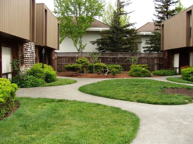 a walkway through a yard in front of a house